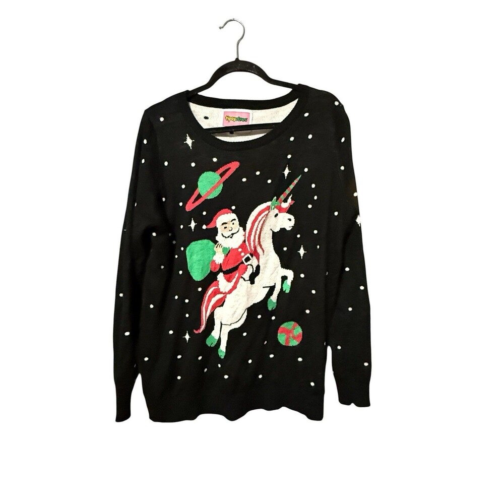 Tipsy Elves Santa Riding Unicorn Christmas Sweater Black Novelty Knit L
